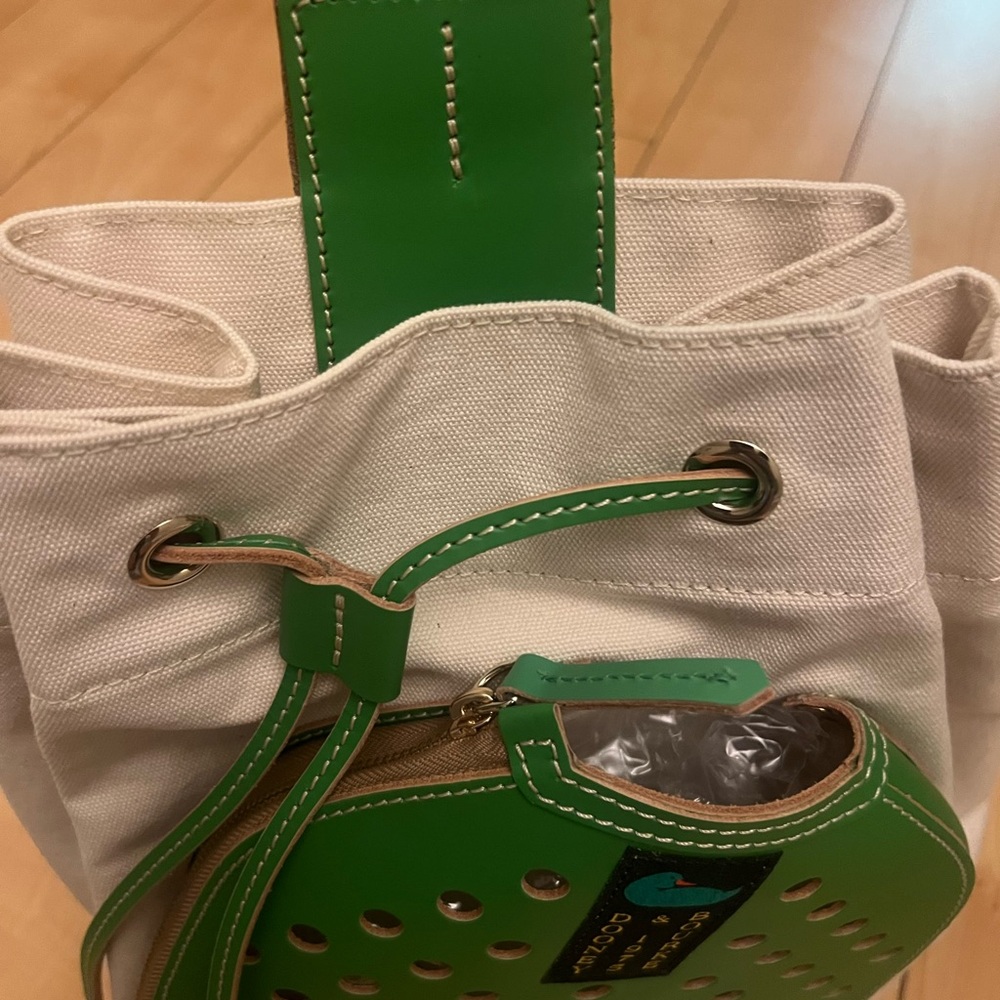 Dooney & Bourke Cream Canvas Drawstring Tote with Green Paddle Pocket - Picture 7 of 7